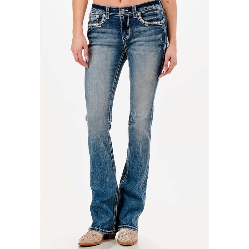 Grace in LA Women's Cross Faux Flap Pocket Embellished Bootcut Stretch Jeans - Picture 2 of 4